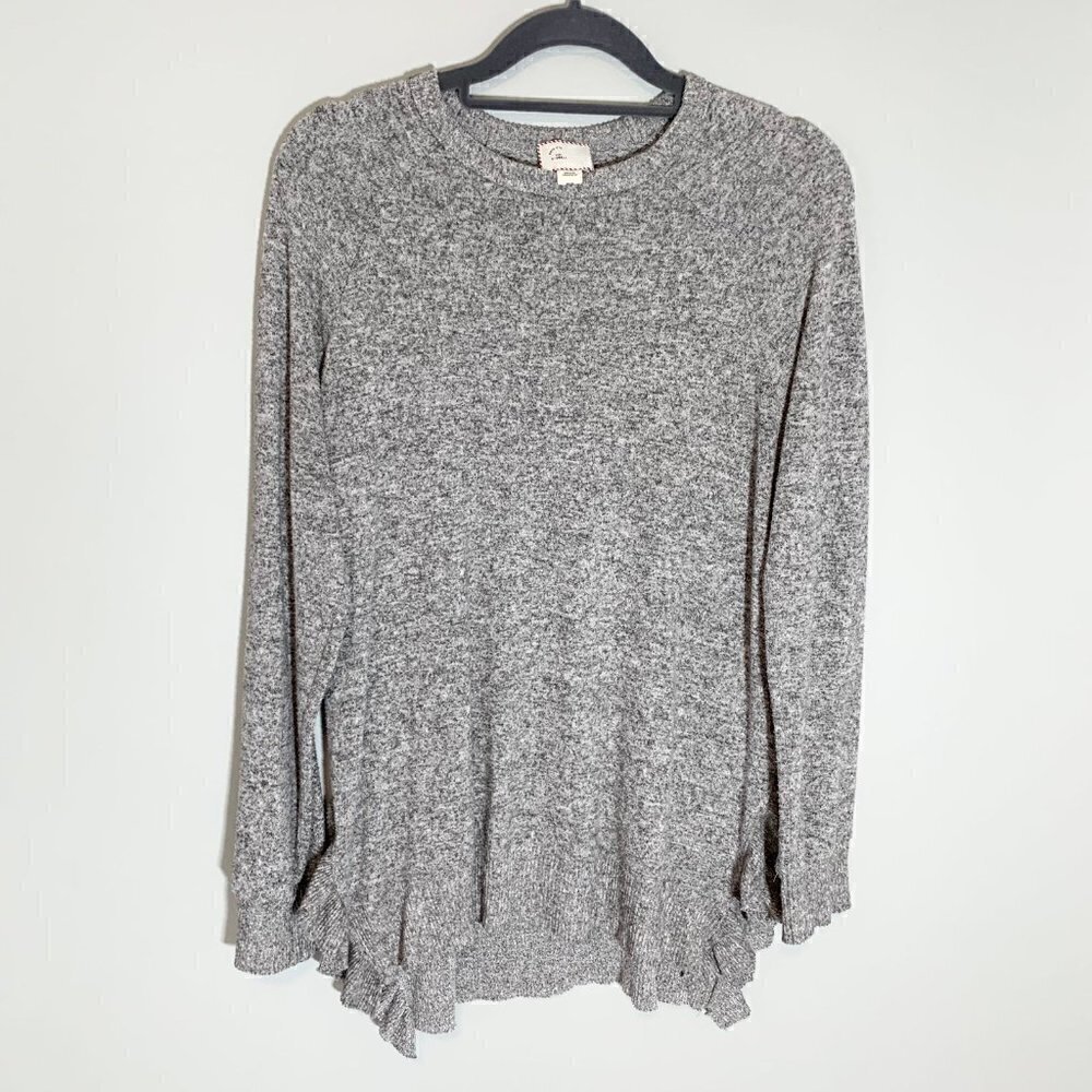 Anthropologie Postmark Grey Marl Ruffle Hem Knit Pullover‎ Sweater Womens XS